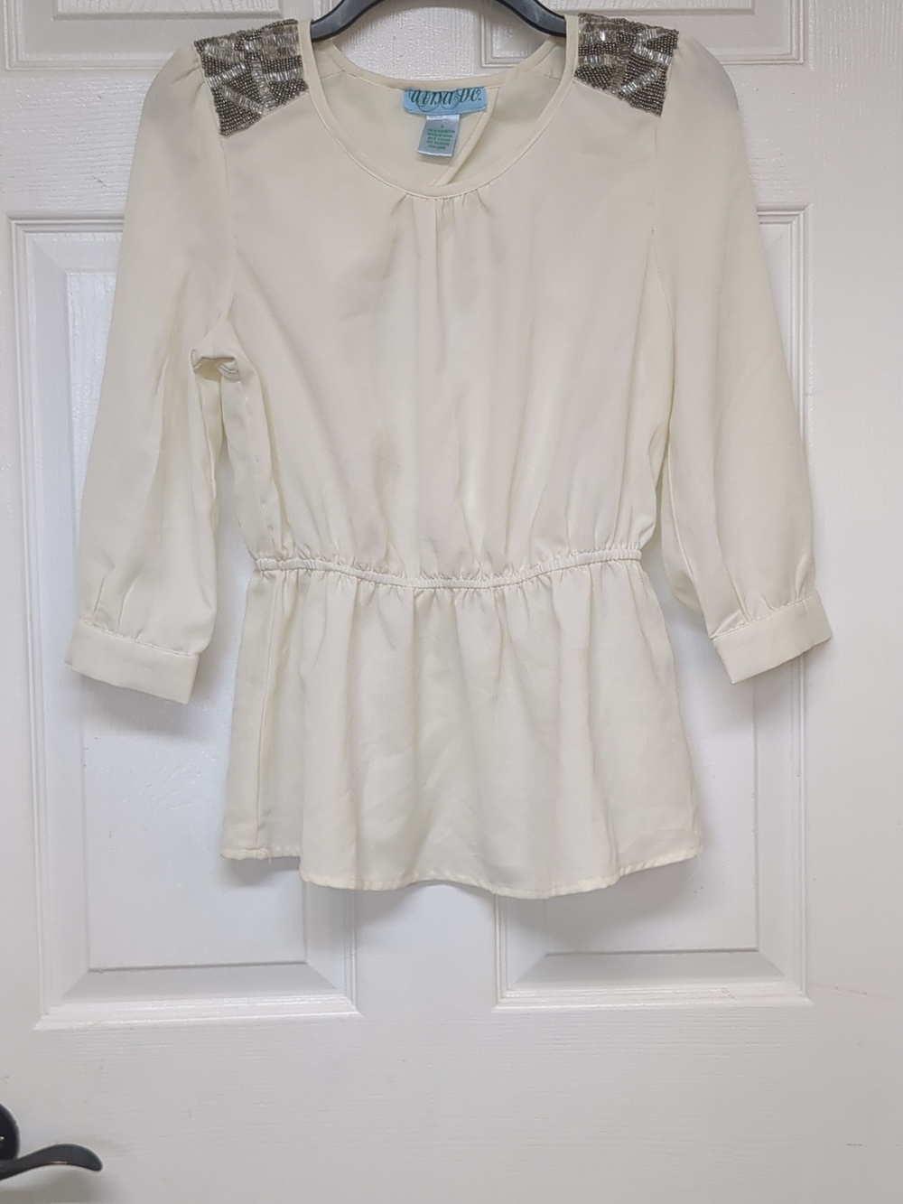 Aina Be Cream top, Silver Accented shoulders and open back In Small, Boho Glam